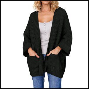 Oversized 3/4 Sleeve Knit Cardigan with Pockets, Open Front, Acrylic
